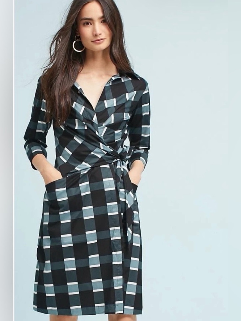Anthropologie SSung Plaid 3/4 Sleeve Wrap Shirt Dress size 8